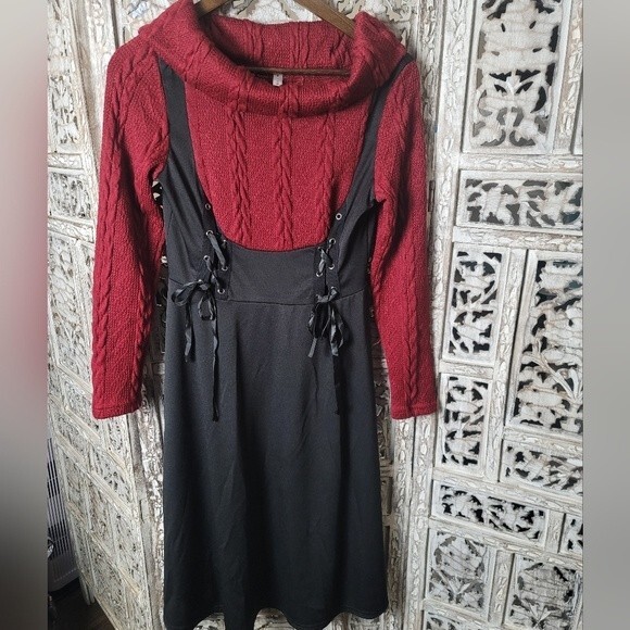 Dresses & Skirts - Red Sweater Black Corset Long sleeve Dress Size Medium